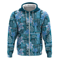 Cyan Hawaii Plumeria With Tropical Flowers Motifs Zip Hoodie