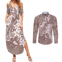Polynesia Hammerhead Shark Tattoo With Plumeria Lei Couples Matching Summer Maxi Dress and Long Sleeve Button Shirt