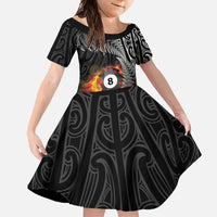 Personalised New Zealand Billiards Family Matching Long Sleeve Bodycon Dress and Hawaiian Shirt Maori Fern On Fire 8 Ball LT14 Daughter's Dress Black - Polynesian Pride