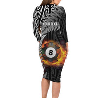 Personalised New Zealand Billiards Family Matching Long Sleeve Bodycon Dress and Hawaiian Shirt Maori Fern On Fire 8 Ball LT14 - Polynesian Pride