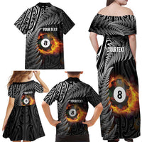Personalised New Zealand Billiards Family Matching Off Shoulder Maxi Dress and Hawaiian Shirt Maori Fern On Fire 8 Ball - Polynesian Pride