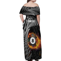 Personalised New Zealand Billiards Family Matching Off Shoulder Maxi Dress and Hawaiian Shirt Maori Fern On Fire 8 Ball - Polynesian Pride