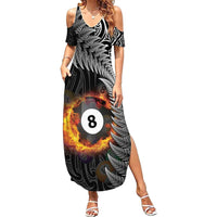 Personalised New Zealand Billiards Family Matching Summer Maxi Dress and Hawaiian Shirt Maori Fern On Fire 8 Ball - Polynesian Pride