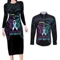 Suicide Awareness Memorial Couples Matching Long Sleeve Bodycon Dress and Long Sleeve Button Shirt I Wear Purple and Teal For Someone I Miss - Polynesian Pride