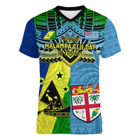 Custom Malampa Fiji Day Women V Neck T Shirt Together We Grow Proud Polynesian Tapa Artsy LT14 Female Blue - Polynesian Pride