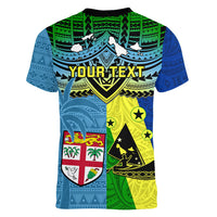 Custom Malampa Fiji Day Women V Neck T Shirt Together We Grow Proud Polynesian Tapa Artsy LT14 - Polynesian Pride