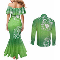 Polynesia Depression Awareness Couples Matching Mermaid Dress and Long Sleeve Button Shirt Sunflower Green Ribbons Polynesian Tattoo