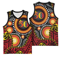 Celebrating 50 Years Papua New Guinea Basketball Jersey Aboriginal Mix Papuan Pattern - Polynesian Pride