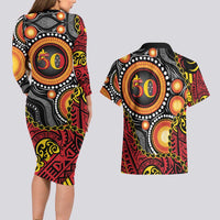 Celebrating 50 Years Papua New Guinea Couples Matching Long Sleeve Bodycon Dress and Hawaiian Shirt Aboriginal Mix Papuan Pattern - Polynesian Pride