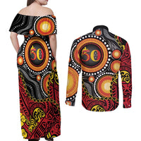 Celebrating 50 Years Papua New Guinea Couples Matching Off Shoulder Maxi Dress and Long Sleeve Button Shirt Aboriginal Mix Papuan Pattern - Polynesian Pride
