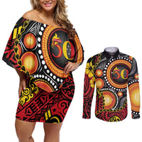 Celebrating 50 Years Papua New Guinea Couples Matching Off Shoulder Short Dress and Long Sleeve Button Shirt Aboriginal Mix Papuan Pattern - Polynesian Pride