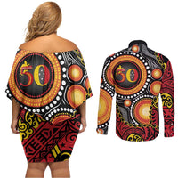 Celebrating 50 Years Papua New Guinea Couples Matching Off Shoulder Short Dress and Long Sleeve Button Shirt Aboriginal Mix Papuan Pattern - Polynesian Pride