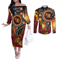 Celebrating 50 Years Papua New Guinea Couples Matching Off The Shoulder Long Sleeve Dress and Long Sleeve Button Shirt Aboriginal Mix Papuan Pattern - Polynesian Pride