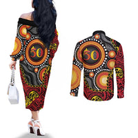Celebrating 50 Years Papua New Guinea Couples Matching Off The Shoulder Long Sleeve Dress and Long Sleeve Button Shirt Aboriginal Mix Papuan Pattern - Polynesian Pride