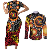 Celebrating 50 Years Papua New Guinea Couples Matching Short Sleeve Bodycon Dress and Long Sleeve Button Shirt Aboriginal Mix Papuan Pattern - Polynesian Pride