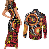 Celebrating 50 Years Papua New Guinea Couples Matching Short Sleeve Bodycon Dress and Long Sleeve Button Shirt Aboriginal Mix Papuan Pattern - Polynesian Pride