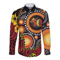 Celebrating 50 Years Papua New Guinea Long Sleeve Button Shirt Aboriginal Mix Papuan Pattern - Polynesian Pride