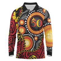 Celebrating 50 Years Papua New Guinea Long Sleeve Polo Shirt Aboriginal Mix Papuan Pattern - Polynesian Pride