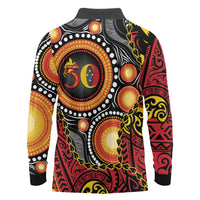 Celebrating 50 Years Papua New Guinea Long Sleeve Polo Shirt Aboriginal Mix Papuan Pattern - Polynesian Pride
