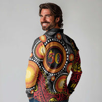 Celebrating 50 Years Papua New Guinea Long Sleeve Polo Shirt Aboriginal Mix Papuan Pattern - Polynesian Pride