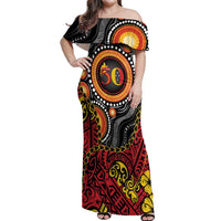 Celebrating 50 Years Papua New Guinea Off Shoulder Maxi Dress Aboriginal Mix Papuan Pattern - Polynesian Pride