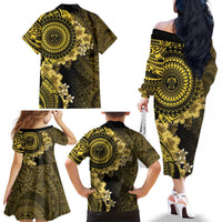 Vanuatu Family Matching Off The Shoulder Long Sleeve Dress and Hawaiian Shirt Hibisus Polynesian Pattern Gold - Polynesian Pride