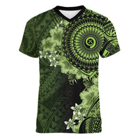 Vanuatu Women V-Neck T-Shirt Hibisus Polynesian Pattern Green - Polynesian Pride