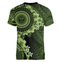 Vanuatu Women V-Neck T-Shirt Hibisus Polynesian Pattern Green - Polynesian Pride