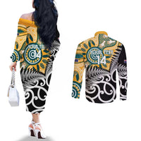 New Zealand Australia Rugby Custom Couples Matching Off The Shoulder Long Sleeve Dress and Long Sleeve Button Shirt Wallabies Aboriginal All Black Maori Tiki Together - Polynesian Pride
