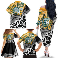 New Zealand Australia Rugby Custom Family Matching Off The Shoulder Long Sleeve Dress and Hawaiian Shirt Wallabies Aboriginal All Black Maori Tiki Together - Polynesian Pride