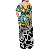 New Zealand Australia Rugby Custom Family Matching Off Shoulder Maxi Dress and Hawaiian Shirt Wallabies Aboriginal All Black Maori Tiki Together - Polynesian Pride
