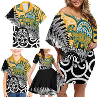 New Zealand Australia Rugby Custom Family Matching Off Shoulder Short Dress and Hawaiian Shirt Wallabies Aboriginal All Black Maori Tiki Together - Polynesian Pride