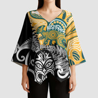 New Zealand Australia Rugby Custom Kimono Sleeve Blouse Wallabies Aboriginal All Black Maori Tiki Together - Polynesian Pride