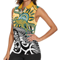 New Zealand Australia Rugby Custom Women Sleeveless Polo Shirt Wallabies Aboriginal All Black Maori Tiki Together - Polynesian Pride