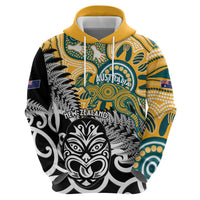 New Zealand Australia Rugby Custom Zip Hoodie Wallabies Aboriginal All Black Maori Tiki Together - Polynesian Pride