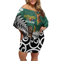 New Zealand South Africa Rugby Custom Family Matching Off Shoulder Short Dress and Hawaiian Shirt Springboks Kente All Black Maori Together - Polynesian Pride