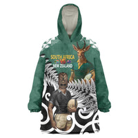 New Zealand South Africa Rugby Custom Wearable Blanket Hoodie Springboks Kente All Black Maori Together - Polynesian Pride