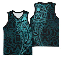 New Zealand Skull Darts Basketball Jersey Aotearoa Maori Chest Tattoo Stylized Teal - Polynesian Pride