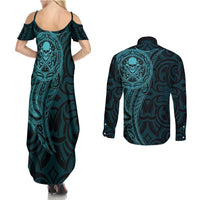 New Zealand Skull Darts Couples Matching Summer Maxi Dress and Long Sleeve Button Shirt Aotearoa Maori Chest Tattoo Stylized Teal - Polynesian Pride