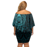 New Zealand Skull Darts Family Matching Off Shoulder Short Dress and Hawaiian Shirt Aotearoa Maori Chest Tattoo Stylized Teal - Polynesian Pride