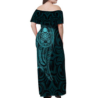 New Zealand Skull Darts Off Shoulder Maxi Dress Aotearoa Maori Chest Tattoo Stylized Teal - Polynesian Pride