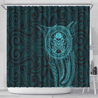 New Zealand Skull Darts Shower Curtain Aotearoa Maori Chest Tattoo Stylized Teal - Polynesian Pride