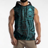 New Zealand Skull Darts Sleeveless Zip Hoodie Aotearoa Maori Chest Tattoo Stylized Teal - Polynesian Pride