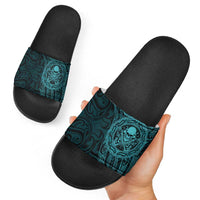 New Zealand Skull Darts Slide Sandals Aotearoa Maori Chest Tattoo Stylized Teal - Polynesian Pride