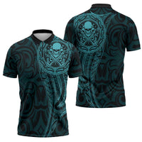 New Zealand Skull Darts Zipper Polo Shirt Aotearoa Maori Chest Tattoo Stylized Teal - Polynesian Pride