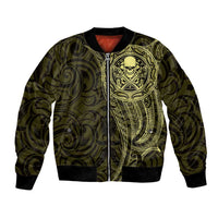 New Zealand Skull Darts Bomber Jacket Aotearoa Maori Chest Tattoo Stylized Gold - Polynesian Pride
