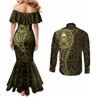 New Zealand Skull Darts Couples Matching Mermaid Dress and Long Sleeve Button Shirt Aotearoa Maori Chest Tattoo Stylized Gold LT14 - Polynesian Pride