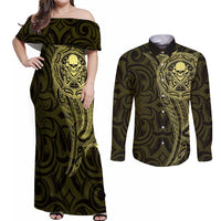 New Zealand Skull Darts Couples Matching Off Shoulder Maxi Dress and Long Sleeve Button Shirt Aotearoa Maori Chest Tattoo Stylized Gold LT14 Gold - Polynesian Pride