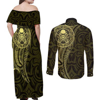 New Zealand Skull Darts Couples Matching Off Shoulder Maxi Dress and Long Sleeve Button Shirt Aotearoa Maori Chest Tattoo Stylized Gold LT14 - Polynesian Pride