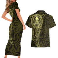 New Zealand Skull Darts Couples Matching Short Sleeve Bodycon Dress and Hawaiian Shirt Aotearoa Maori Chest Tattoo Stylized Gold LT14 - Polynesian Pride